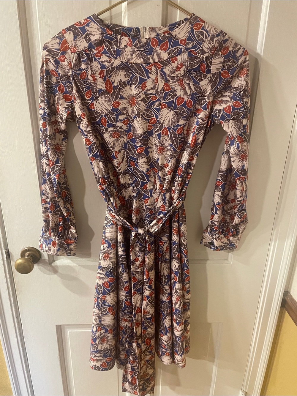 Vintage Floral Long-Sleeve Tie-Waist Dress in Blue and Red Print